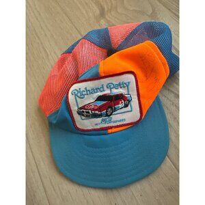 Vintage Richard Petty Mesh Snapback Trucker Hat Signed Racing Theme Blue & Orang